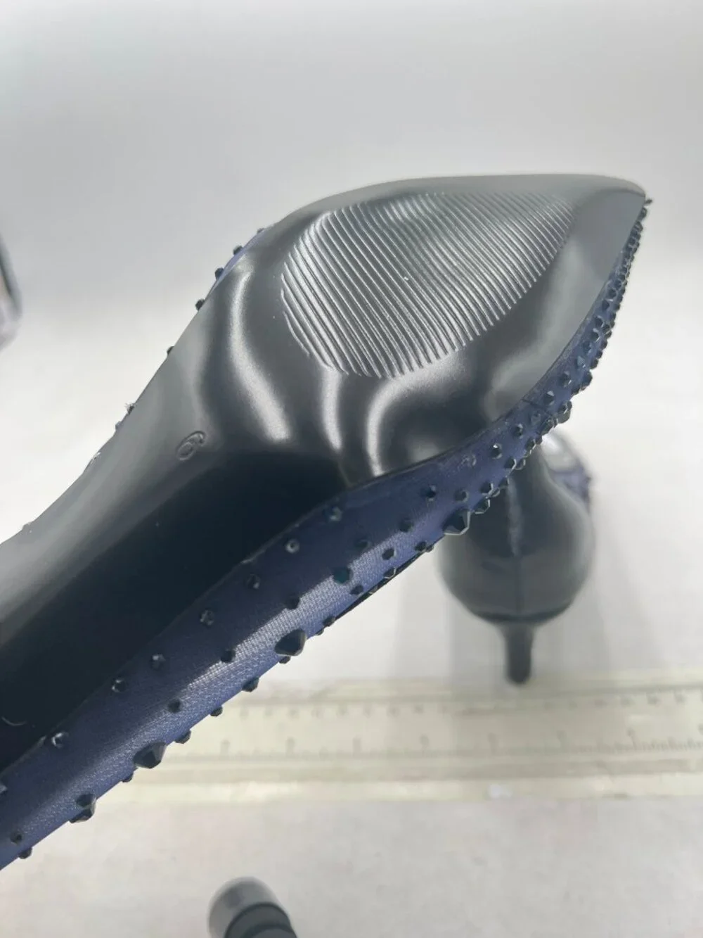 XYD Navy Pointed Closed Toe Slip On Graceful Mesh Pumps Rhinestone Studs Shoes